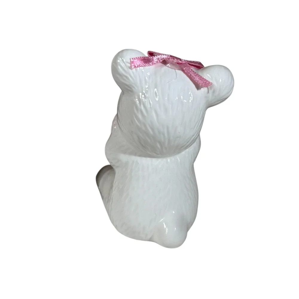 Loomco Original 1991 Ceramic Teddy Bear Pink Bow Holding Flowers Figurine RL722